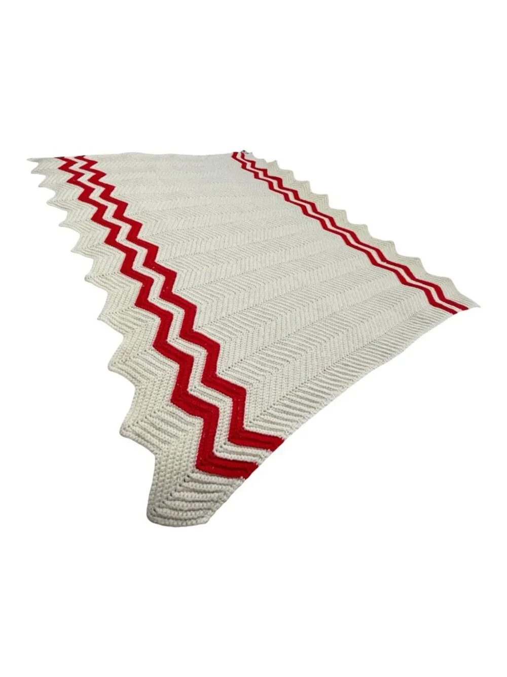 Hand Crocheted Chevron Throw Blanket Cream Red Zigzag Afghan 57 x 47